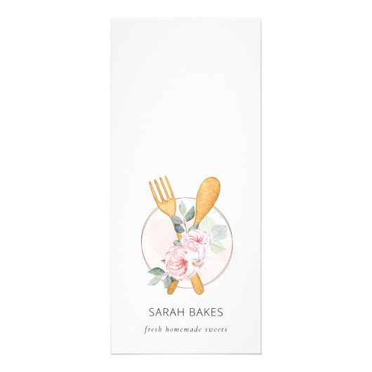 Prijs Blush Pink Spoon Fork Floral Bakery Service Reclamekaart (Achterkant)
