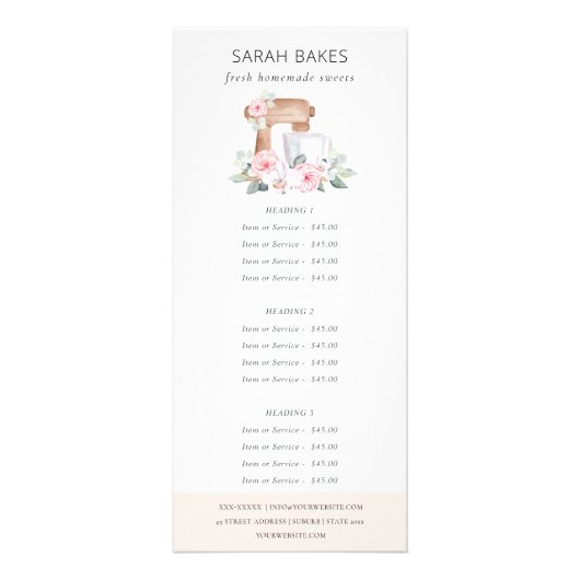 Prijs Blush Roze Cake Mixer Floral Bakery Service Reclamekaart (Voorkant)