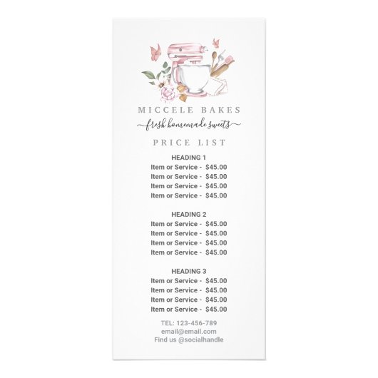 Prijs Blush Roze Cake Mixer Floral Bakery Service Reclamekaart (Voorkant)
