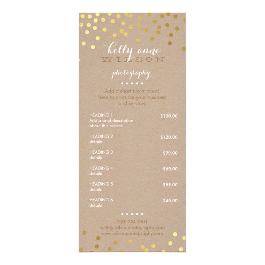 PRIJS DIENSTEN LIJST gouden folie confetti witte k Reclamekaart (Voorkant)