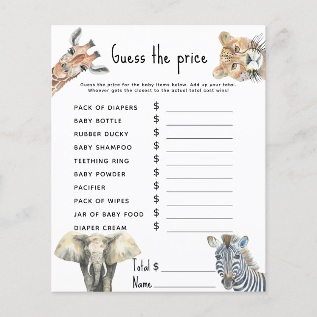 Prijs Guess Game - safari baby shower activiteit (Voorkant)