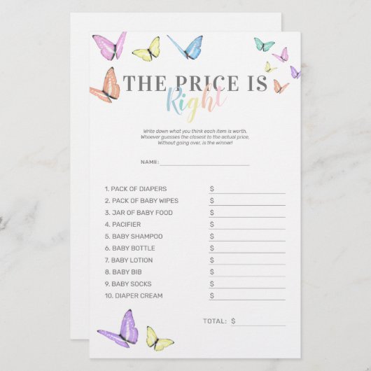 Prijs is de juiste vlindergame van het Baby shower (Voorkant / Achterkant)