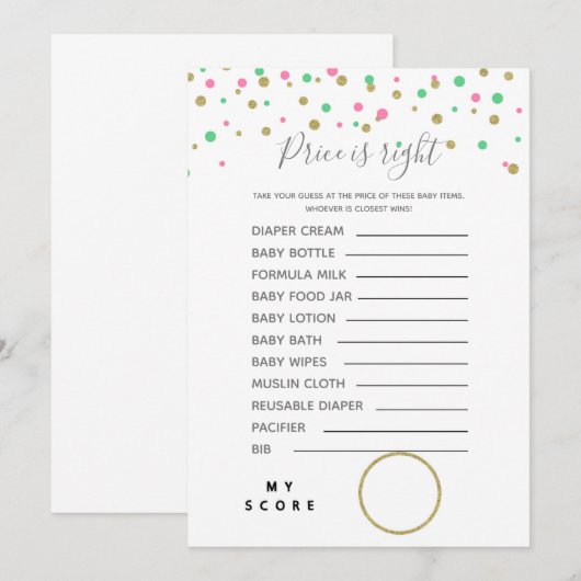 Prijs is juiste games Baby shower Kaart (Voorkant / Achterkant)