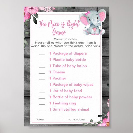 Prijs is Rechts Baby shower Spel Olifant Roze Poster (Voorkant)