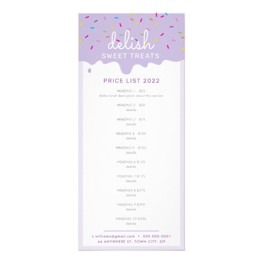 PRIJS LIJST bakkerij cake frosting druppel paarse Reclamekaart (Voorkant)