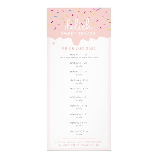 PRIJS LIJST bakkerij cake frosting druppelblush Reclamekaart (Voorkant)