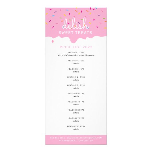 PRIJS LIJST bakkerijroze vorst drip sprinkles Reclamekaart (Voorkant)