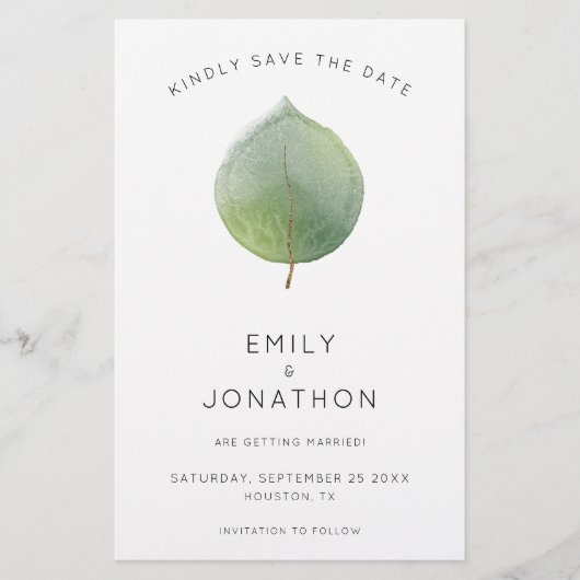Prijs moderne eucalyptus Leaf Large Save the Date (Voorkant)