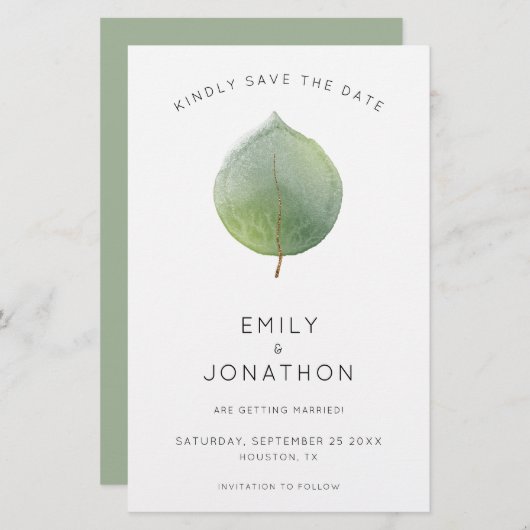 Prijs moderne eucalyptus Leaf Large Save the Date (Voorkant / Achterkant)