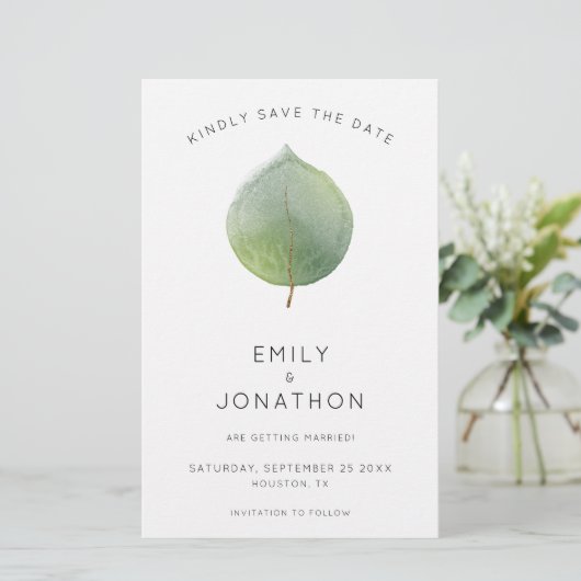 Prijs moderne eucalyptus Leaf Large Save the Date (Staand voorkant)