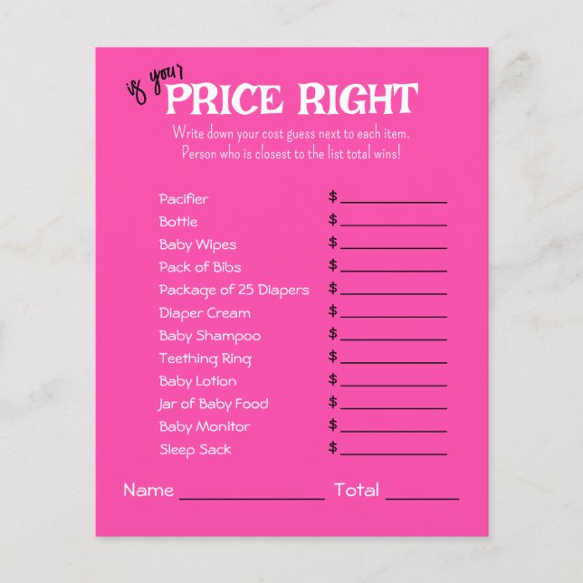 Prijs Rechts Baby shower Spel Papieren Blad (Voorkant)