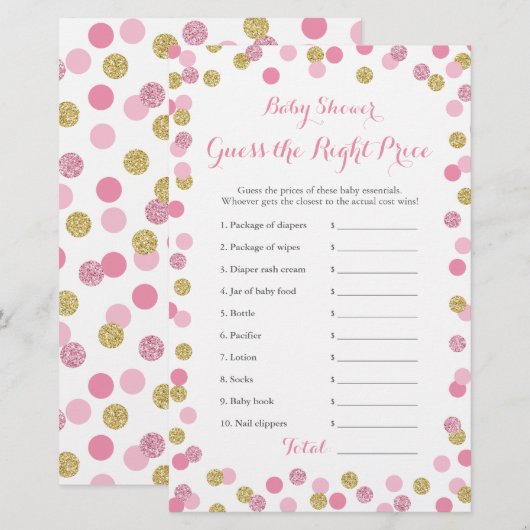Prijs roze en gouden Baby shower Juiste game Kaart (Voorkant / Achterkant)