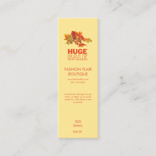Prijs van herfstthema kledingboetiek met pompoen contactkaartje (Voorkant)