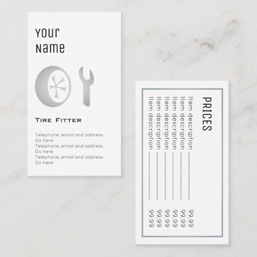 Prijskaarten voor "Essential Tire Fitter" Visitekaartje (Voorkant / Achterkant)
