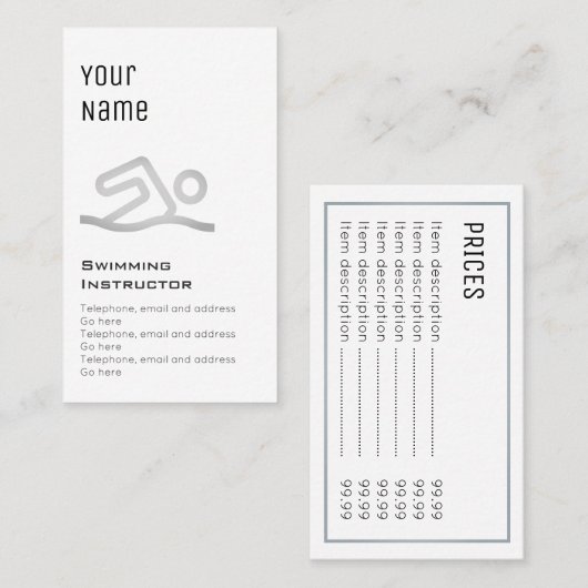 Prijskaarten voor "essentiële" zweminstructeurs visitekaartje (Voorkant / Achterkant)