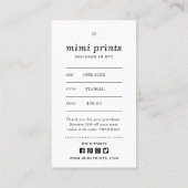 Prijskaartje voor kleding met prijs, maat, stijl e visitekaartje (Achterkant)