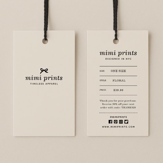 Prijskaartje voor kleding met prijs, maat, stijl e visitekaartje