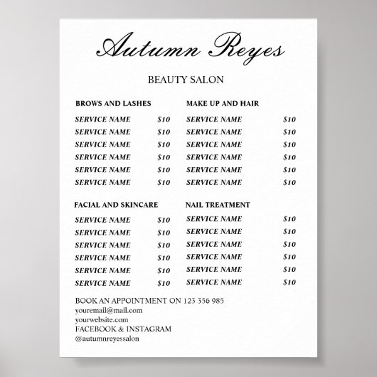 Prijslijst antieke schoonheidssalon poster (Voorkant)