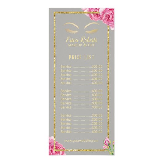 Prijslijst |  artiest Floral Grey Makeup Reclamekaart (Voorkant)