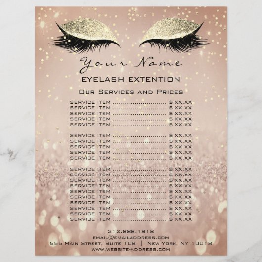 Prijslijst Beauty Lashes Makeup Roos Gold Glitter Flyer (Voorkant)