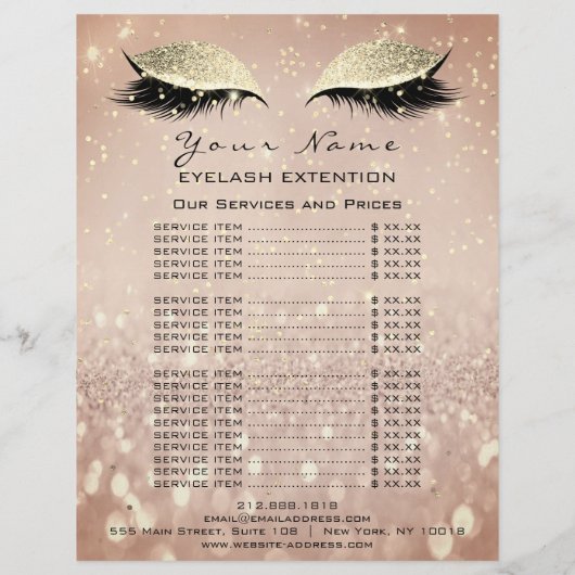 Prijslijst Beauty Lashes Makeup Roos Gold Glitter Flyer (Achterkant)