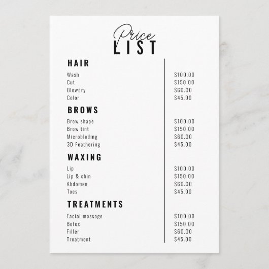 Prijslijst Beauty Salon Treatment Menu Services (Voorkant)