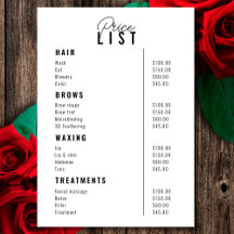 Prijslijst Beauty Salon Treatment Menu Services
