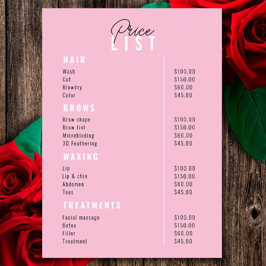 Prijslijst Beauty Salon Treatment Menu Services