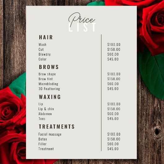 Prijslijst Beauty Salon Treatment Menu Services