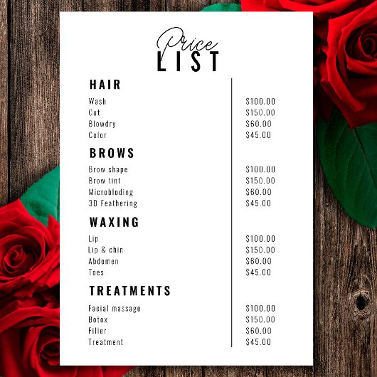 Prijslijst Beauty Salon Treatment Menu Services