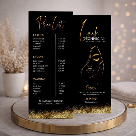 Prijslijst Black & Gold Lash Tech | Luxe Schoonhei Reclamekaart