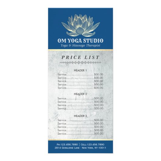 Prijslijst Blauwe en gouden Lotus YOGA Reiki Instr Reclamekaart (Voorkant)