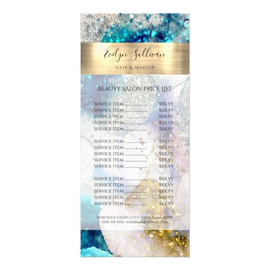 Prijslijst blauwe goudzilver waterverf reclamekaart (Voorkant)