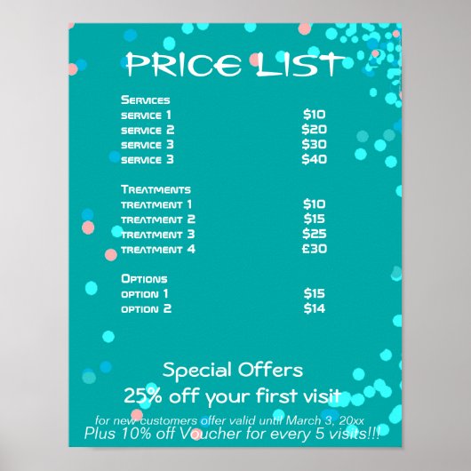 Prijslijst Blue Abstract Art Spa Poster (Voorkant)