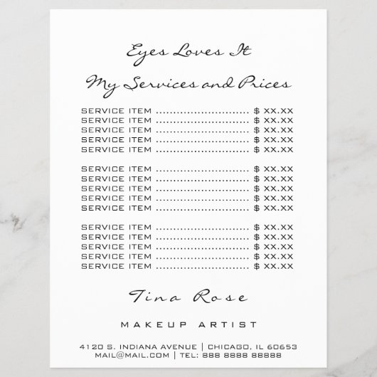 Prijslijst Brofzwarte witte ogen Lips God Lashes Flyer (Achterkant)