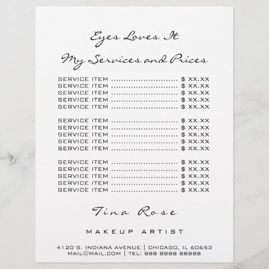 Prijslijst Brofzwarte witte ogen Lips God Lashes Flyer (Achterkant)