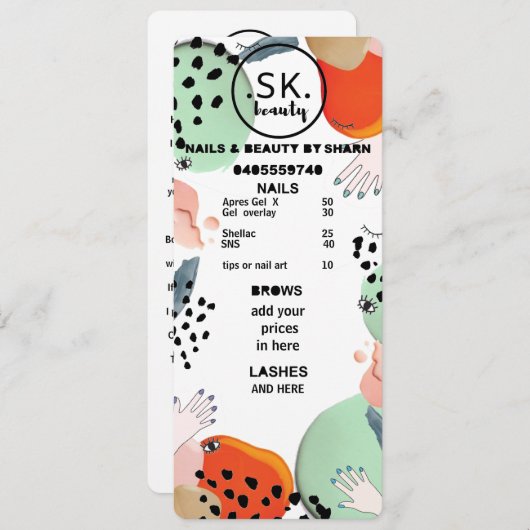 prijslijst delen menu (Voorkant / Achterkant)