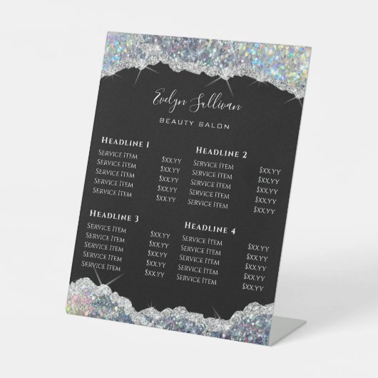 Prijslijst Faux Silver Glitter Sequin Reclamebord Met Voetstuk (Voorkant)