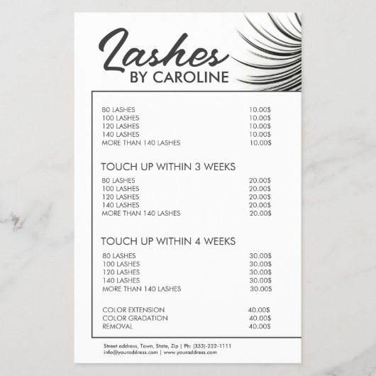 Prijslijst Gebogen Wimper Extensies met Witte Rand Flyer (Voorkant)