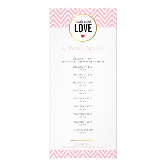 PRIJSLIJST gemaakt met liefde modern roze chevron Reclamekaart (Voorkant)