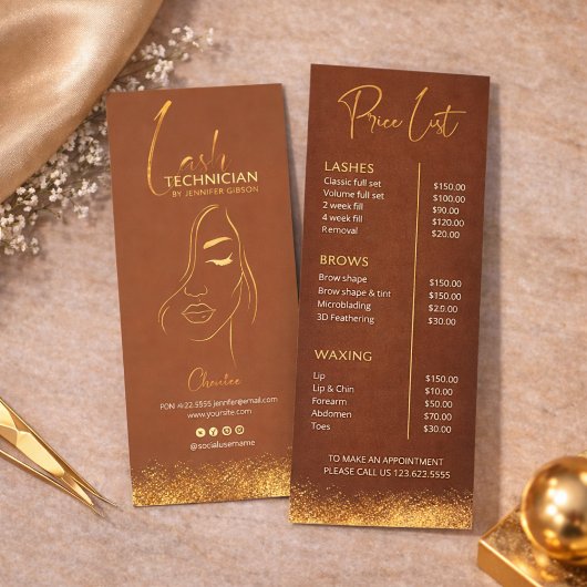Prijslijst Gold & Brown Lash Tech | Luxe Schoonhei Reclamekaart