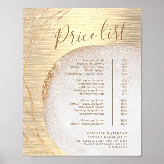 Prijslijst Gold Glitter Hair Stylist Salon Poster (Voorkant)