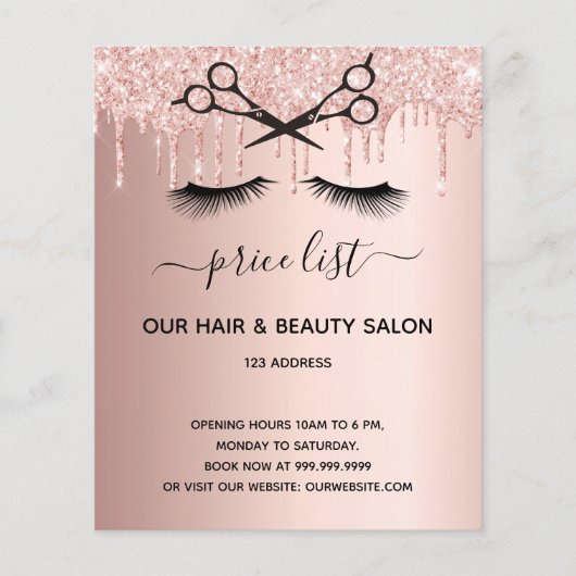 Prijslijst haar schoonheidssalon roze goud glitter flyer (Voorkant)