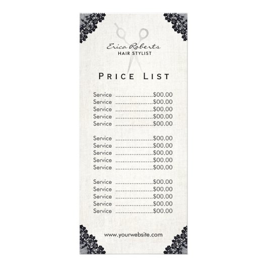 Prijslijst | Hair Stylist  Black Lace Salon Reclamekaart (Voorkant)