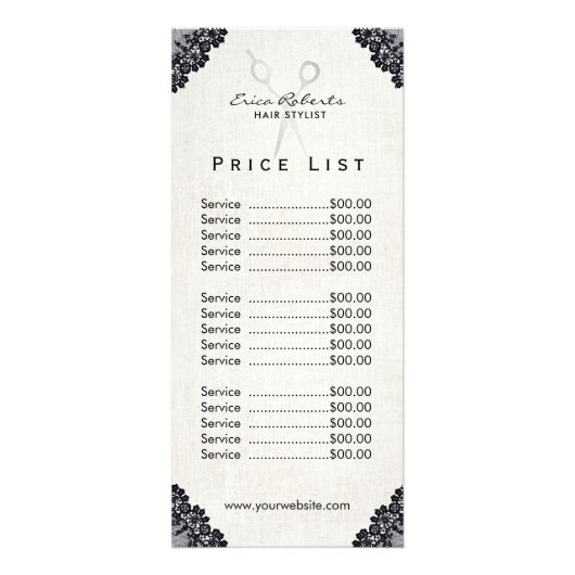 Prijslijst | Hair Stylist  Black Lace Salon Reclamekaart (Achterkant)