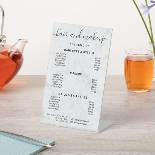 Prijslijst kapsalon witte marmeren kalligrafie mak reclamebord met voetstuk (Insitu)