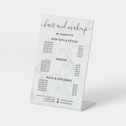 Prijslijst kapsalon witte marmeren kalligrafie mak reclamebord met voetstuk (Voorkant)
