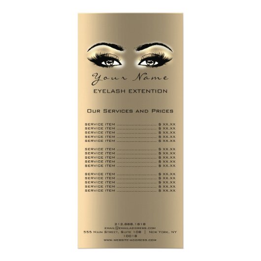 Prijslijst Lashes Extension Makeup Artist Gold Reclamekaart (Achterkant)