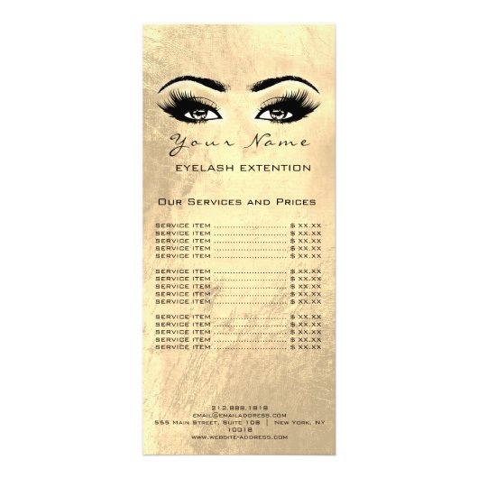 Prijslijst Lashes Extension Makeup Artist Golden Reclamekaart (Voorkant)