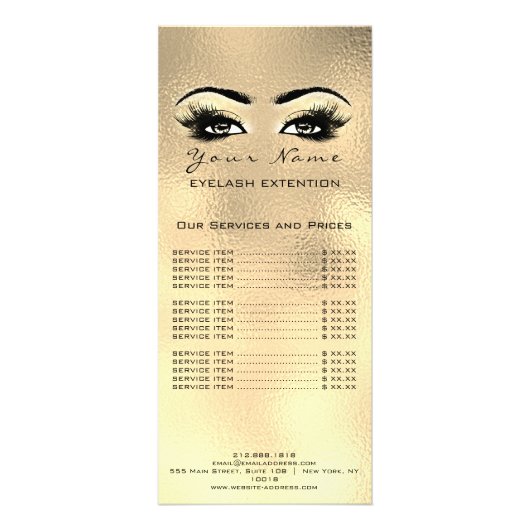Prijslijst Lashes Extension Makeup Gold Glass Faux Reclamekaart (Achterkant)